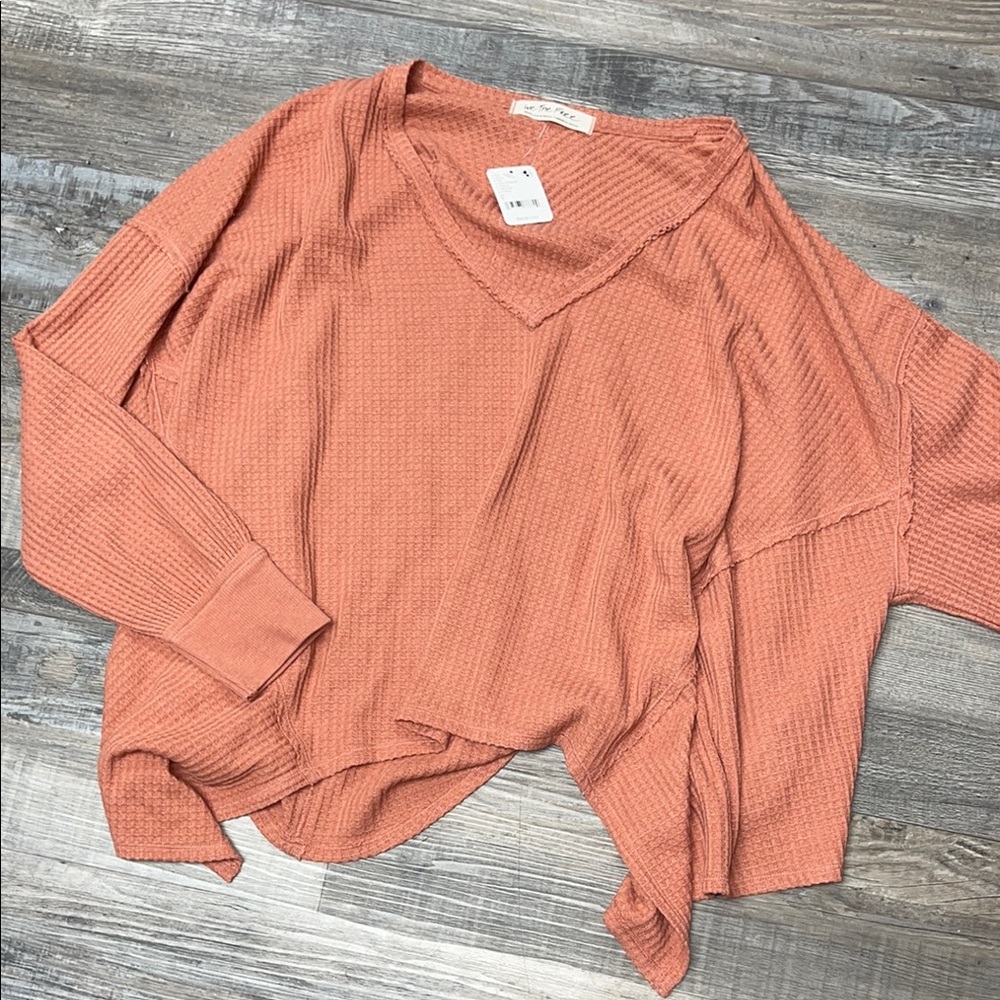 V-Neck Waffle Knit long sleeve flowy top we the free people cognac